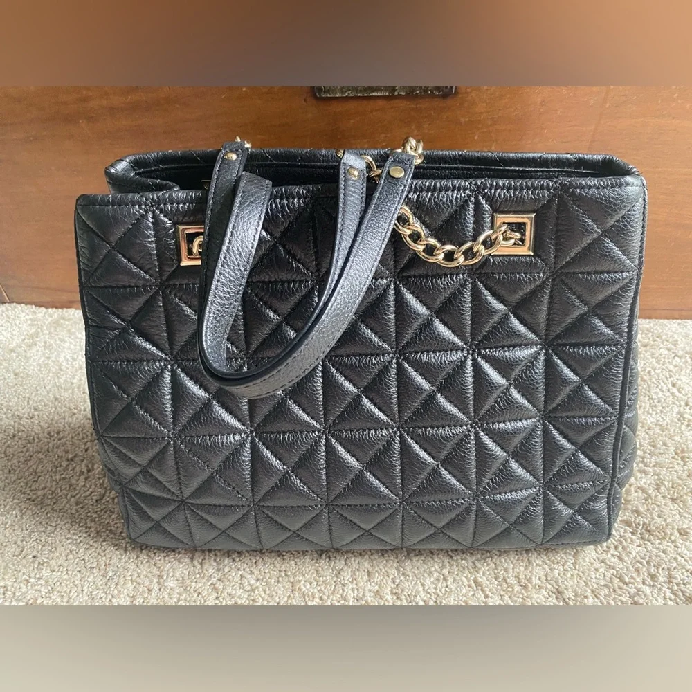 Kate Spade New York Natalia Tote Leather Handbag Black Quilted Silver Chain